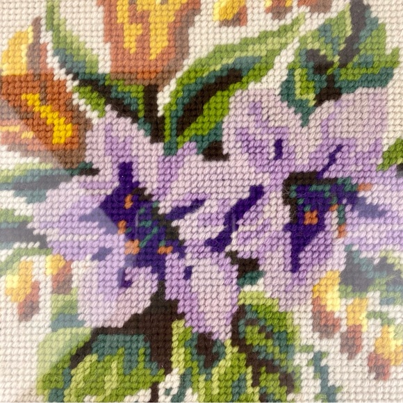 Vintage Framed Square Floral Needlepoint 9x9 inch Pastel Stitched Wall Art - Picture 3 of 7